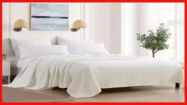 100% Fine Cotton Luxurious Basket Weave Blanket, Ivory