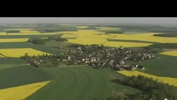 France : champs de colza, village et montgolfière