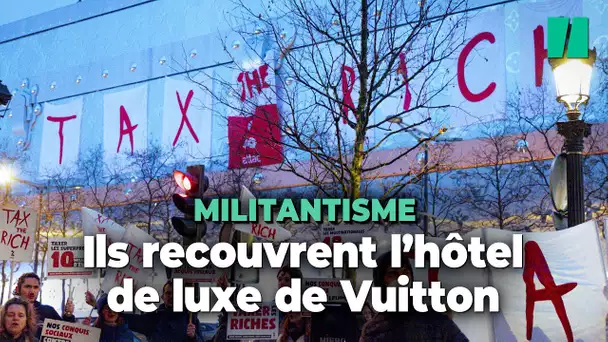 Des militants d’Attac déploient une spectaculaire banderole sur l’hôtel de luxe Vuitton