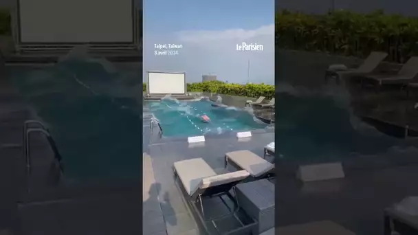 Une piscine sur un toit déborde pendant le séïsme à Taïwan