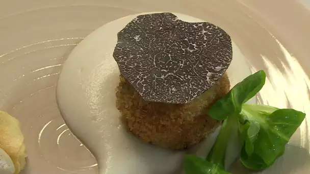 Une entrée de chef : croquette de topinambour à la truffe noire avec crème de café grillé