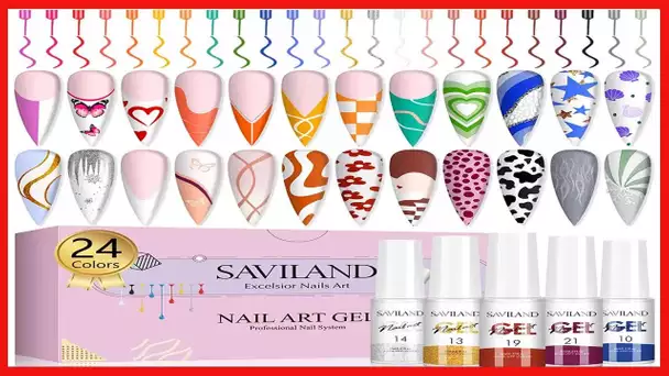 Saviland Gel Nail Polish Gel Liner Nail Art Set - 24 Colors Nail Art Polish with Thin Brush for Line