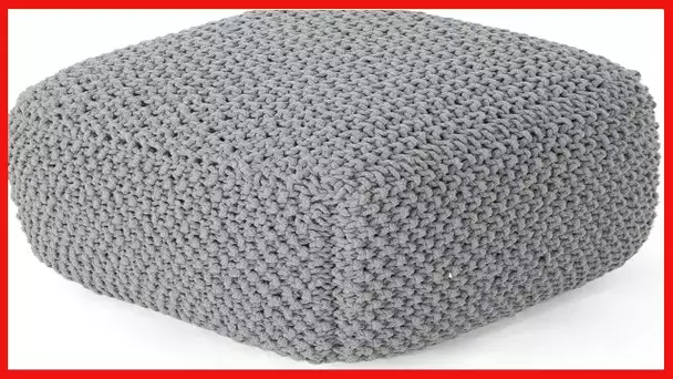 Christopher Knight Home Teresa Knitted Cotton Square Pouf, Light Grey