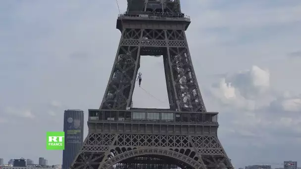 Paris : le funambule Nathan Paulin relie la tour Eiffel et le théâtre de Chaillot
