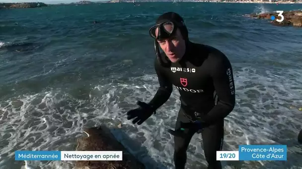 Le triple champion du monde d'apnée, Morgan Bourc'his, lutte contre les déchets en mer
