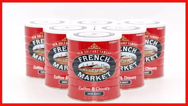 French Market Coffee, Coffee and Chicory, Dark Roast Ground Coffee, 12 Ounce Metal Can (Pack of 6)