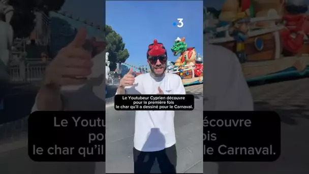 Carnaval de Nice 2024. Cyprien, le Youtubeur découvre sur le corso le char qu'il a créé