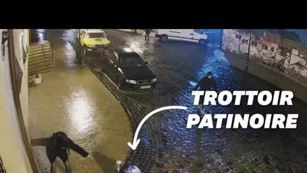 À Kiev, cette piétonne a passé un sale quart d'heure à cause du verglas