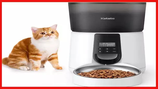 Automatic Cat Feeders, KATALIC Clog-free 4L Cat Food Dispenser with Pet Grooming Glove Sliding Lock