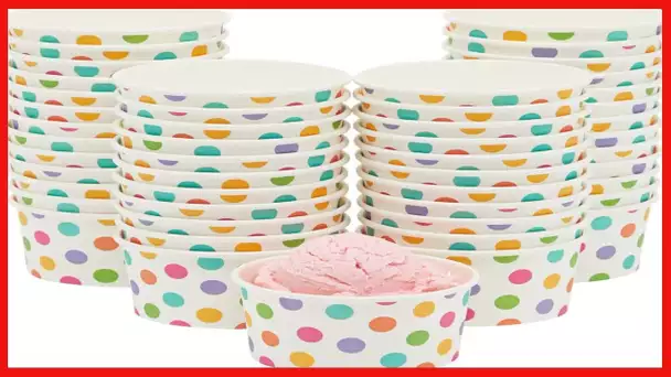 50 Pack Rainbow Polka Dot Paper Ice Cream Cups, Dessert Bowls for Sundae Bar, Frozen Yogurt (8 oz)