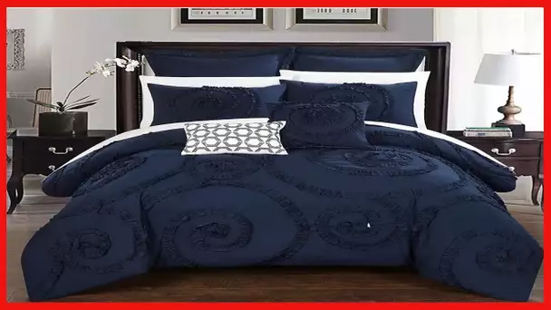 Chic Home CS2213-AN 7 Piece Rosalia Floral Ruffled Etched Embroidery Comforter Set, King, Navy