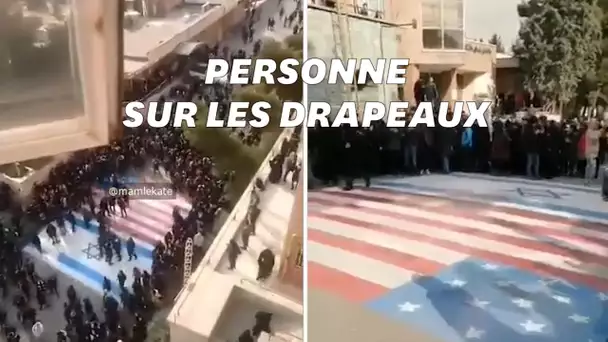 Des manifestants iraniens en train filmés en train d’éviter de fouler des drapeaux américains e