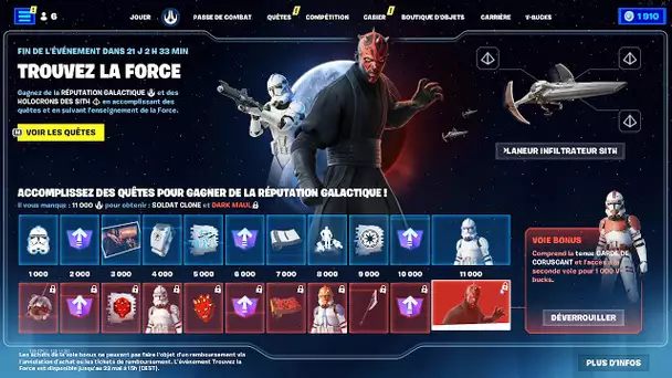 PASSE DE COMBAT STAR WARS, SKIN DARK MAUL ET OBJETS GRATUITS ! (FORTNITE EVENEMENT STAR WARS)