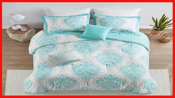 Intelligent Design Senna Comforter Set Full/Queen Size - Aqua Blue/Gray, Damask – 5 Piece Bed Sets