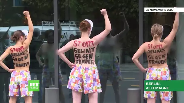Allemagne : des militantes du groupe Femen manifestent seins nus devant le ministère fédéral