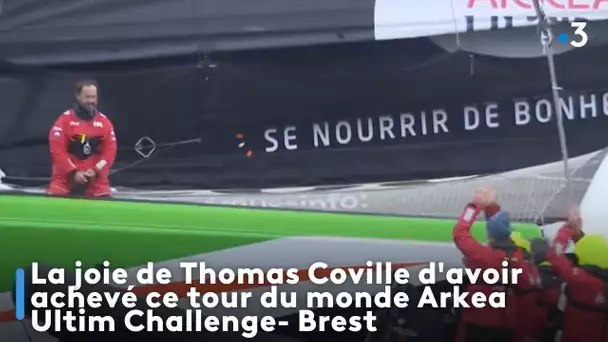 La joie de Thomas Coville d'avoir achevé ce tour du monde Arkea Ultim Challenge- Brest