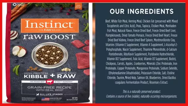 Instinct Raw Boost Grain Free Dry Dog Food, High Protein Real Beef Kibble + Freeze Dried Raw Dog