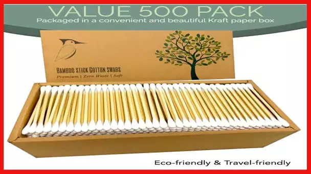 Beautiful Mind Organic Bamboo Cotton Swabs – Value Pack of 500 – Eco-Friendly, Biodegradable – Vegan