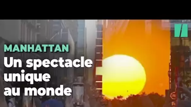 À Manhattan, le soleil s'aligne entre les gratte-ciel et forme un spectacle unique