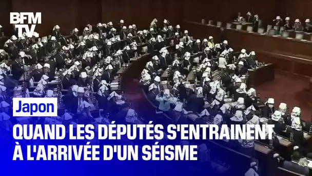 Les députés japonais s’entraînent à l'arrivée d'un séisme, casques sur la tête