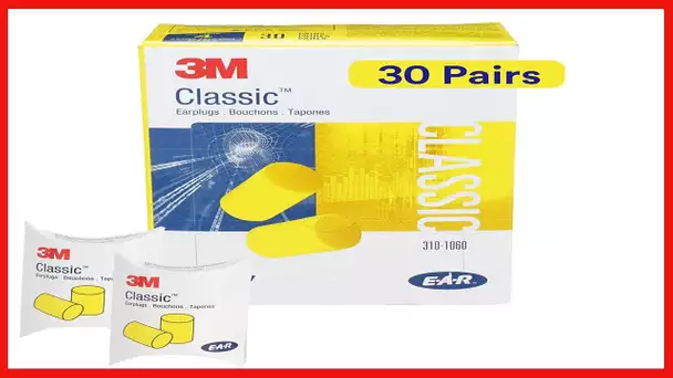 3M Ear Plugs, 30 Pairs/Box, E-A-R Classic 310-1060, Uncorded, Disposable, Foam, NRR 29, For Drilling