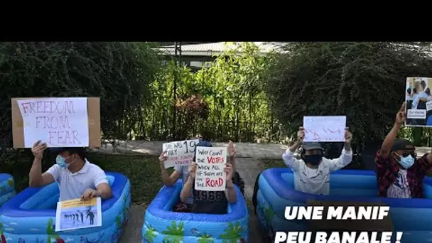 Pourquoi les manifestants en Birmanie sont dans des piscines gonflables?
